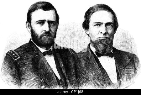 Grant, Ulysses S., 27.4.1822 - 23.7.1885, American general and politician (Rep.), 18th president of the USA 4.3.1869 - 4.3.1877, with Vize President Schuyler Colfax, portrait, wood engraving by Adolf Neumann, 1869, Stock Photo