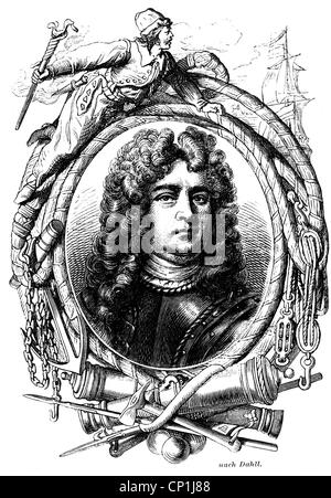 Rooke, George, 1650 - 24.1.1709, English admiral, portrait, wood engraving, 19th century, Stock Photo