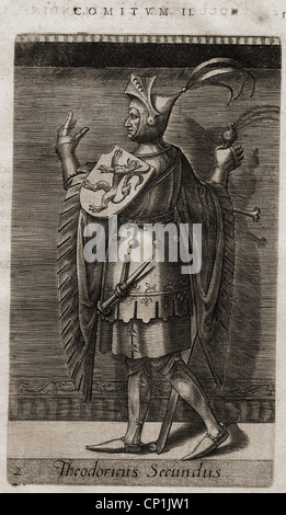 Dirk II, + 6.5.988, Count of Holland 939 - 988, full length, copper engraving, Hadrian Barland: 'De rebus gestis comitum Hollandiae ae libellus', 16th century, Artist's Copyright has not to be cleared Stock Photo