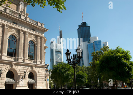 View from 'Alte Oper' to Commerzbank building and Main Tower in Frankfurt, Germany Stock Photo