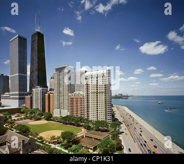 John Hancock Building & Condos on Lake Shore Drive with Lake Michigan, Chicago, Illinois, USA. Stock Photo