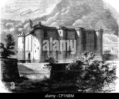 geography / travel, France, Paris, Bastille, exterior view in the 18th century, wood engraving, 19th century, Bastion des Saint Antoine, fortress, prison, Western Europa, historic, historical, Additional-Rights-Clearences-Not Available Stock Photo