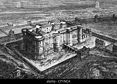 geography / travel, France, Paris, Bastille, exterior view late 18th century, wood engraving, 19th century, Bastion des Saint Antoine, fortress, prison, Western Europa, historic, historical, Additional-Rights-Clearences-Not Available Stock Photo