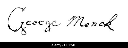 Monck, George, 1st Duke of Albemarle, 6.12.1608 - 3.1 1670, English general and admiral, signature, Stock Photo