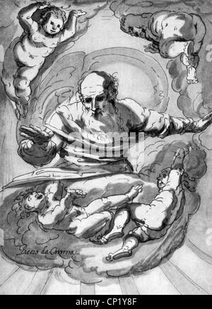 religion, biblical scenes, creation, 1st day, God is dividing light from darkness, pen drawing by Pietro da Cortona, Italy, 17th century, fine arts, baroque, world, earth, day, night, division, myth, creator, Bible, Book of Genesis, Old Testament, historic, historical, people, Additional-Rights-Clearences-Not Available Stock Photo