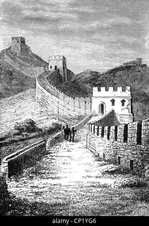 geography / travel historic, China, Chinese wall, wood engraving, late 19th century, empire, boundary wall, building, East Asia, people, Additional-Rights-Clearences-Not Available Stock Photo