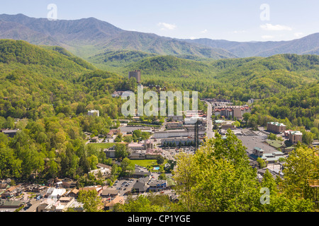 Aerial of town of Gatlinburg in the Smoky Mountains of Tennessee Stock Photo