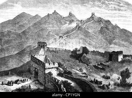 geography / travel historic, China, Chinese wall, wood engraving, late 19th century, empire, boundary wall, building, East Asia, people, Additional-Rights-Clearences-Not Available Stock Photo