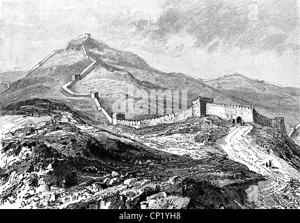 geography / travel historic, China, Chinese wall, wood engraving, late 19th century, empire, boundary wall, building, East Asia, people, Additional-Rights-Clearences-Not Available Stock Photo