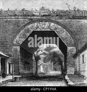 geography / travel historic, China, Chinese wall, gate at Nankou Pass, wood engraving after drawing by Fergusson, 2nd half 19th century, empire, boundary wall, building, East Asia, Additional-Rights-Clearences-Not Available Stock Photo
