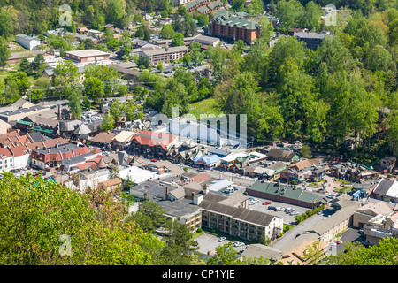 Aerial of town of Gatlinburg in the Smoky Mountains of Tennessee Stock Photo