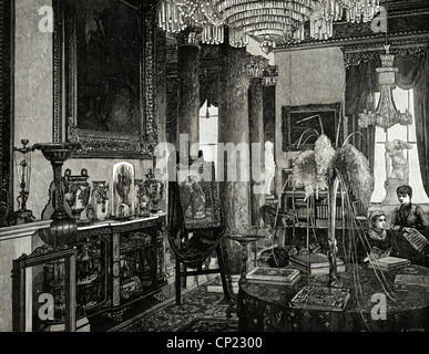Queen Victoria pictured in the Drawing-Room of Osborne House Isle of Wight. Victorian engraving dated 13th June 1887 Stock Photo