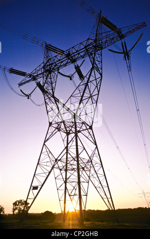 Power lines at sunset Stock Photo