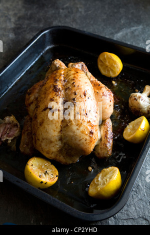 Roast chicken with lemon and garlic Stock Photo