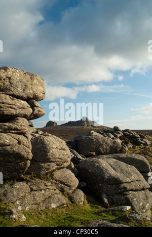 View from Holwell Tor with Haytor rock in the distance. Stock Photo