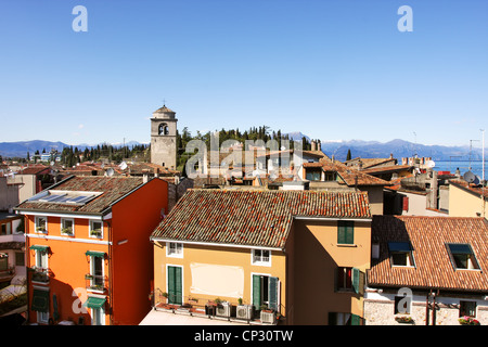 Aerial view on houses and roofs of Sirmione - small town on Lake Garda in Northern Italy. Stock Photo