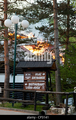 Croatian restaurant Licka Kuca entrance to Plitvice Lakes National Park engulfed fire today morning (Monday).The flames damaged Stock Photo