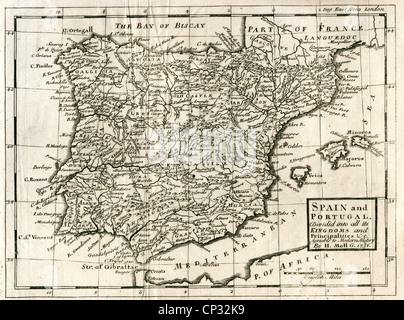 1731 Map of Spain and Portugal by Herman Moll. Stock Photo