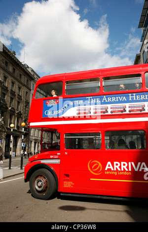 Heritage Routemaster Bus, operated in London from 1956 to 2005. Open platform allowed minimal boarding time [Editorial use only] Stock Photo