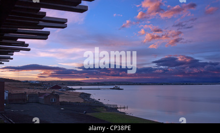 View over the Senoret Channel  from The Singular Hotel at sunrise. Puerto Bories, Patagonia, Chile. Stock Photo