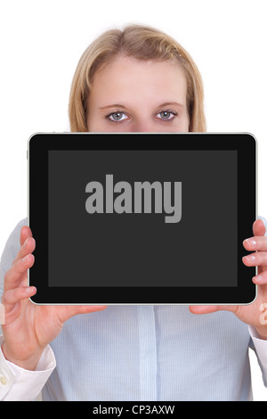 Business Woman Showing blank display of a tablet pc Stock Photo