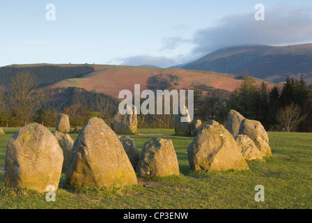 Looking north over Castlerigg stone circle, towards Little Man at dawn Stock Photo