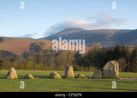 Looking north over Castlerigg stone circle, towards Little Man at dawn Stock Photo