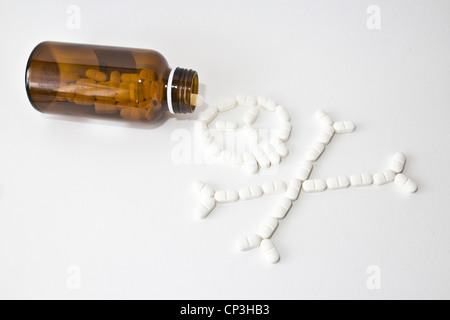 medicine bottle with pills in form of skull and bones Stock Photo