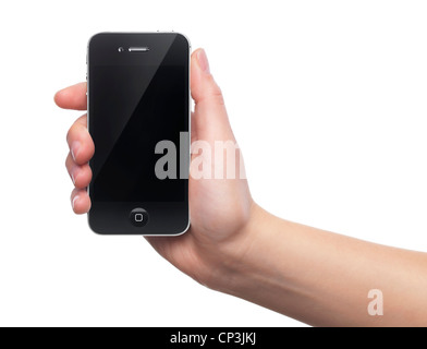 Black iPhone 4s Apple smartphone in a hand. Isolated on white background. Stock Photo