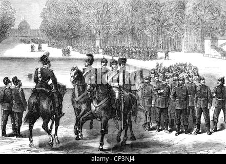events, Franco-Prussian War 1870 - 1871, occupation of Paris, German soldiers in the garden of the Tuileries, wood engraving, 1871, park, military, cavalry, infantry, Bavarian, Prussian, Germany, France, Franco - Prussian, historic, historical, 19th century, people, Additional-Rights-Clearences-Not Available Stock Photo