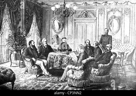 events, Franco-Prussian War 1870 - 1871, politics, Treaty of Frankfurt, 10.5.1871, conference in the Hotel 'Zum Schwan', contemporary wood engraving, Additional-Rights-Clearences-Not Available