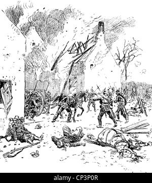 events, Franco-Prussian War 1870 - 1871, Battle of Villejouan, 10.12.1870, the 33rd (Hanseatic) Brigade involved in street fighting, wood engraving, 19th century, German infantry, soldiers, winter, Germany, France, Franco - Prussian, historic, historical, people, Additional-Rights-Clearences-Not Available