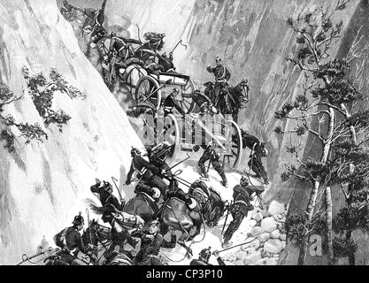 events, Franco-Prussian War 1870 - 1871, Battle of Spichern, 6.8.1870, transport of Prussian guns on Roter Berg, wood engraving, 19th century, artillery, Krupp field pieces, soldiers, German 1st Army, Prussians, attack, charge, Lorraine, Germany, France, Franco - Prussian, historic, historical, people, Additional-Rights-Clearences-Not Available Stock Photo