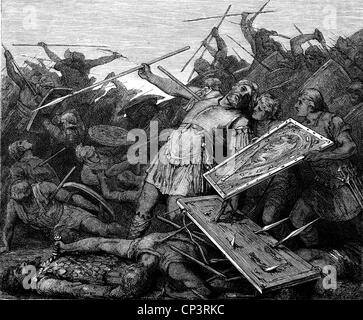 Teia, + 552, Ostrogothic king 552, scene, his death in the Battle of Mons Lactarius, wood engraving, 19th century,