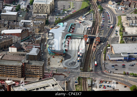 Aerial view of Barnsley Interchange, the railway and bus station Stock Photo