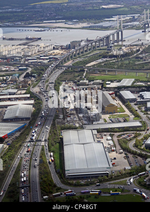 Aerial view of the M25 heading south towards the Dartford Crossing and QE2 Bridge with heavy traffic Stock Photo