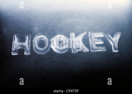 Word 'HOCKEY' made of real ice letters. Stock Photo