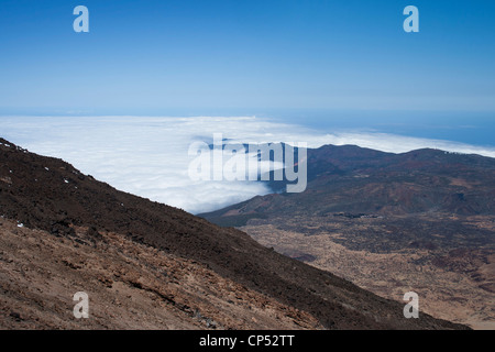 View from the summit of Mount Teide in Tenerife, Canary Islands, Spain showing the terrain and clouds below. Stock Photo