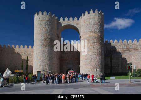 Spain, Castilla y Leon Region, Avila Province, Avila, Plaza de Santa Teresa and Puerta del Alcazar gate Stock Photo