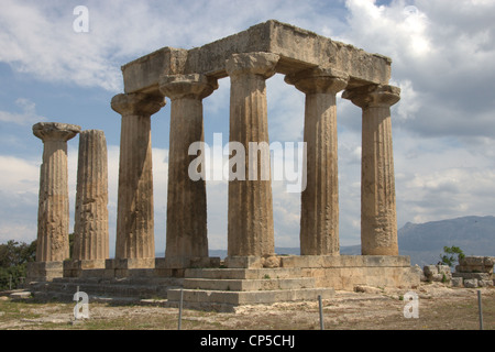 Temple of Apollo at Ancient Corinth Archaeological Site and Museum - note monolithic columns Stock Photo