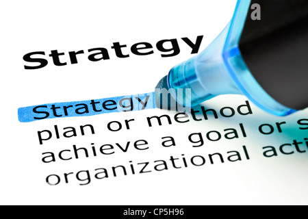 The word Strategy highlighted in blue with felt tip pen Stock Photo