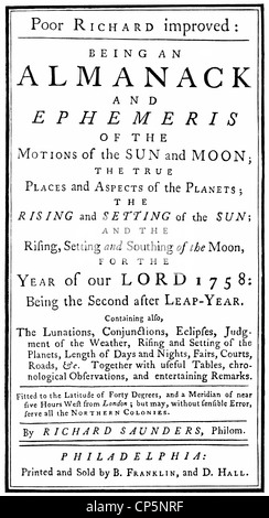 title of Poor Richard's Almanack,  1758 by Benjamin Franklin, 1706 - 1790, a North American printer, publisher, writer Stock Photo