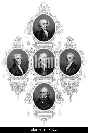 presidents of the United States of America, 1797-1829, John Adams, Thomas Jefferson, James Madison, James Monroe, John Quincy-Ad Stock Photo