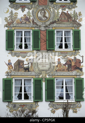 Germany - Bavaria - Oberammergau, frescoed facade of the birthplace of the German writer Ludwig Thoma (1867-1921). Particular. Stock Photo