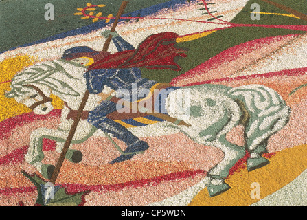 Umbria - Spello (Pg). Corpus Christi. Floral display. Detail: Saint George Stock Photo