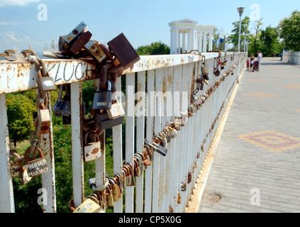 Locks on the Mother-in-law's bridge, the love character, Odessa, Ukraine, Europe Stock Photo