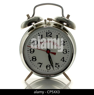 metal clock on isolated white time to change Stock Photo