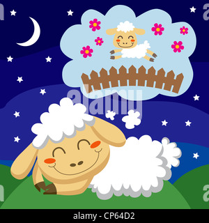 White sheep counting sheep jumping over a fence to sleep Stock Photo