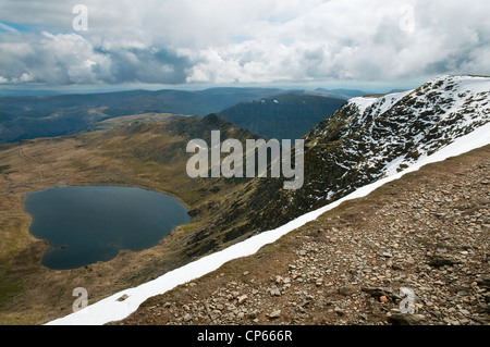 Red Tarn and Striding Edge from the top of Helvellyn, Lake District, Cumbria, UK Stock Photo