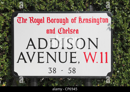 Street sign for Addison Avenue W11 in the Royal Borough of Kensington and Chelsea, London, UK.  March 2012 Stock Photo